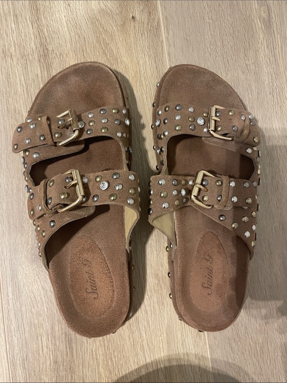 Chloe Double Buckle Studded Sandals in Taupe